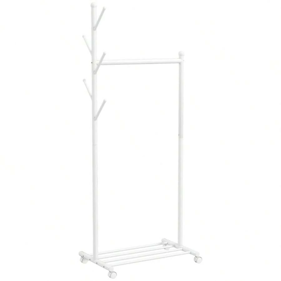 HOMCOM Clothes Rack With Wheels, Mobile Wardrobe With Clothes Rail, 5 Hooks, White Shoe Rack
