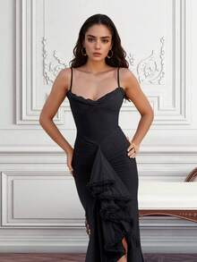 Đầm Maxi Dài Tay Xếp Ly Viền Ren Thanh Lịch Màu Trơn, Đi Biển - màu đen - Xem 5