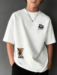 Camiseta de cuello redondo de manga corta con estampado informal para niños preadolescentes, top de verano - Blanco - Ver 8