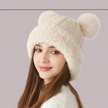 1pc Women's Cute Winter Pom-Pom Knit Hat, Retro Thickened Twisted Pom-Pom Earmuff Hat, Solid Color Casual Elegant Bohemian Street Style, Polyester Material, Autumn And Winter Style - 彩色 - 查看 5