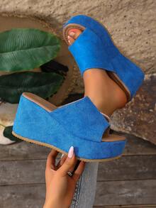 2025新款女士凉鞋，性感豹纹蝴蝶结厚底坡跟时尚凉鞋，女士时尚圆头套脚增高舒适凉鞋，春夏休闲、派对、日常必备，搭配连衣裙更佳 - 藍色 - 查看 6