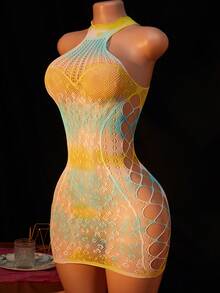 1件装女士性感睡衣连衣裙，渐变色无袖豹纹镂空透视款，性感女孩装扮，比基尼罩衫，情人节性感派对角色扮演服装 - 彩色 - 查看 3