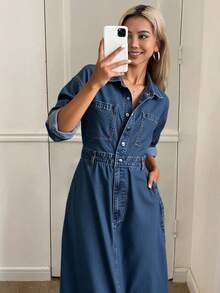 Livesso 女士翻领长袖牛仔连衣裙，下摆开衩