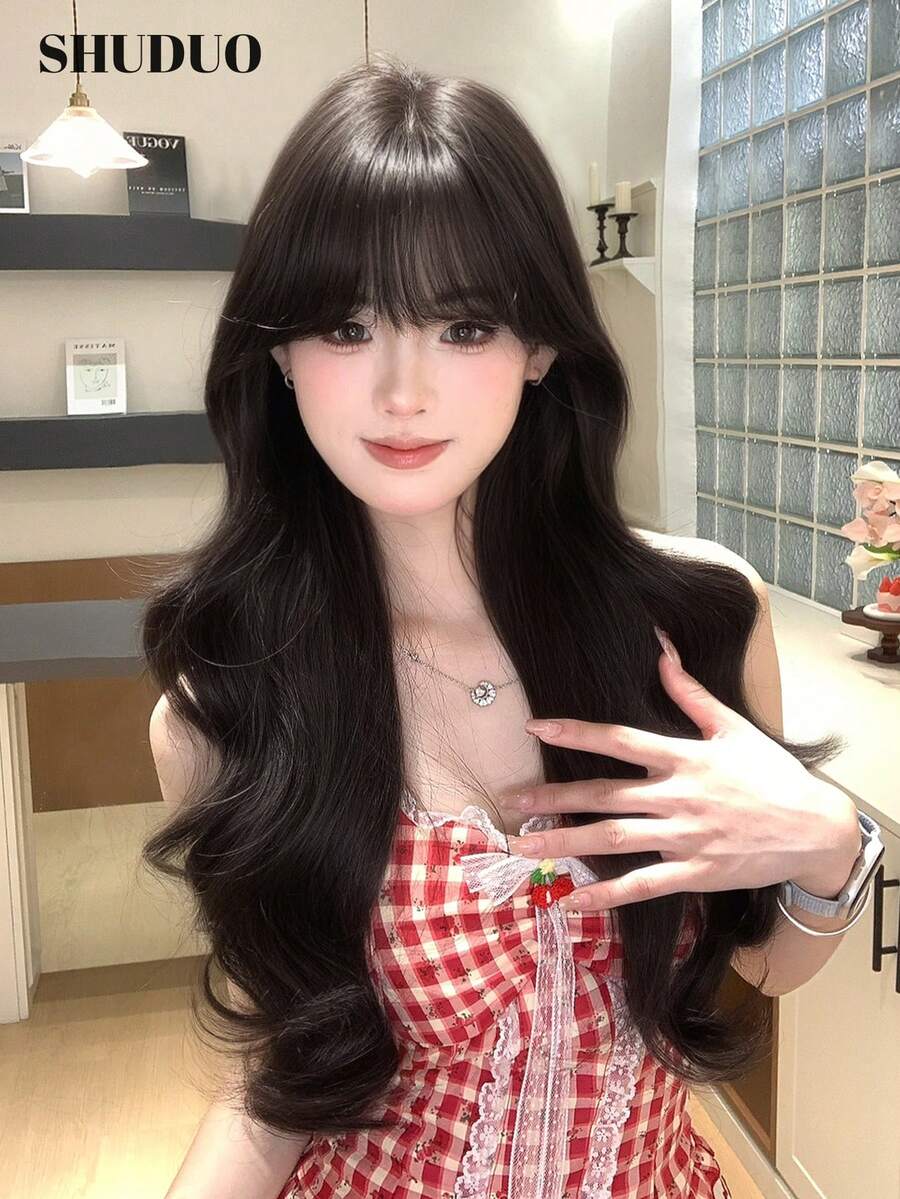 1 Tóc giả gợn sóng tổng hợp chịu nhiệt màu nâu sẫm, làm từ sợi, tăng thêm độ phồng, tự nhiên và chân thực (Không bao gồm phụ kiện) - Black-brown - Xem 1