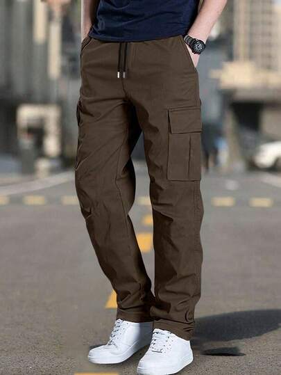 1 件男士户外纯色工装裤，多口袋工作服长裤，适合夏季海滩、日常通勤、跑步、健身、休闲运动，直筒裤