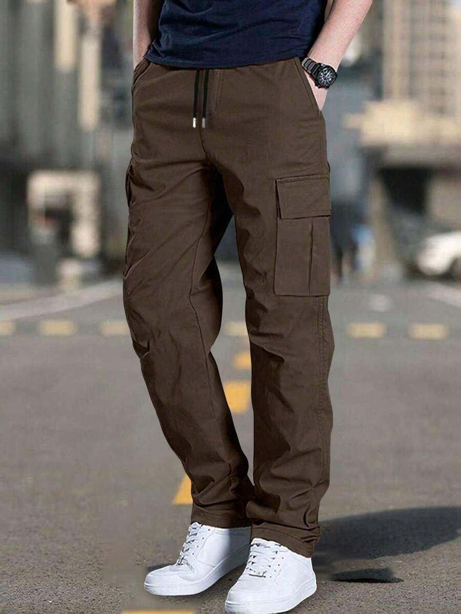 1 件男士户外纯色工装裤，多口袋工作服长裤，适合夏季海滩、日常通勤、跑步、健身、休闲运动，直筒裤 - 棕色 - 查看 1