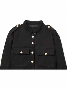 SHIBASHAN 女士复古单排扣酒红色长袖外套，带口袋，秋季休闲OL外套，黑色春季款 - 黑色 - 查看 4