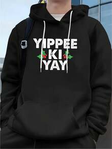 Men'S Yippee Ki Yay Hoodie - Black With White Text, Relaxed Fit, Stretchy Knit Pullover, Autumn And Winter, Suitable Both Casual And Formal Holiday Gatherings - Inspired By Y2K Action Films (Specifically Die Hard) - Available - 黑色 - 查看 1