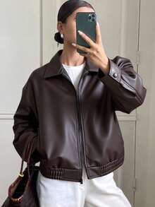 Livesso Spring New Vintage Leather Jacket, Short Style, Regular Fit, Women's Jacket For Valentine's Day Fall,Winter - Brown - View 2