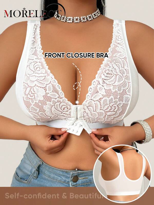 Morelect Plus Size Women Lace Patchwork Front Closure Wireless Bra, Fashionable Jacquard Supportive & Lifting