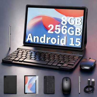 W&O 2025 New 10.1inch 2-In-1 Android 15 Tablet With Keyboard & Stylus – 8GB RAM + 256GB Storage (Expandable To 1TB), 8000mAh Battery, HD IPS Display, Ultimate Bundle For Work & Play – Perfect Holiday Gift For Christmas, Birthdays, Graduation, Or Back-To-School!