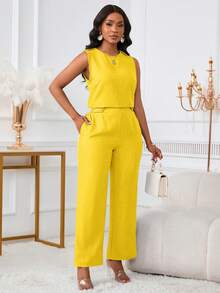 女士时尚休闲无袖上衣长裤两件套，斜插口袋和纽扣细节设计，优雅夏季 - 鵝黃 - 查看 8