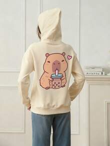 女士休闲印花宽松保暖长袖卫衣，冬季款 - 杏色 - 查看 2