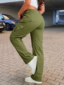 女式纯色多口袋休闲工装裤 - 軍綠色 - 查看 4