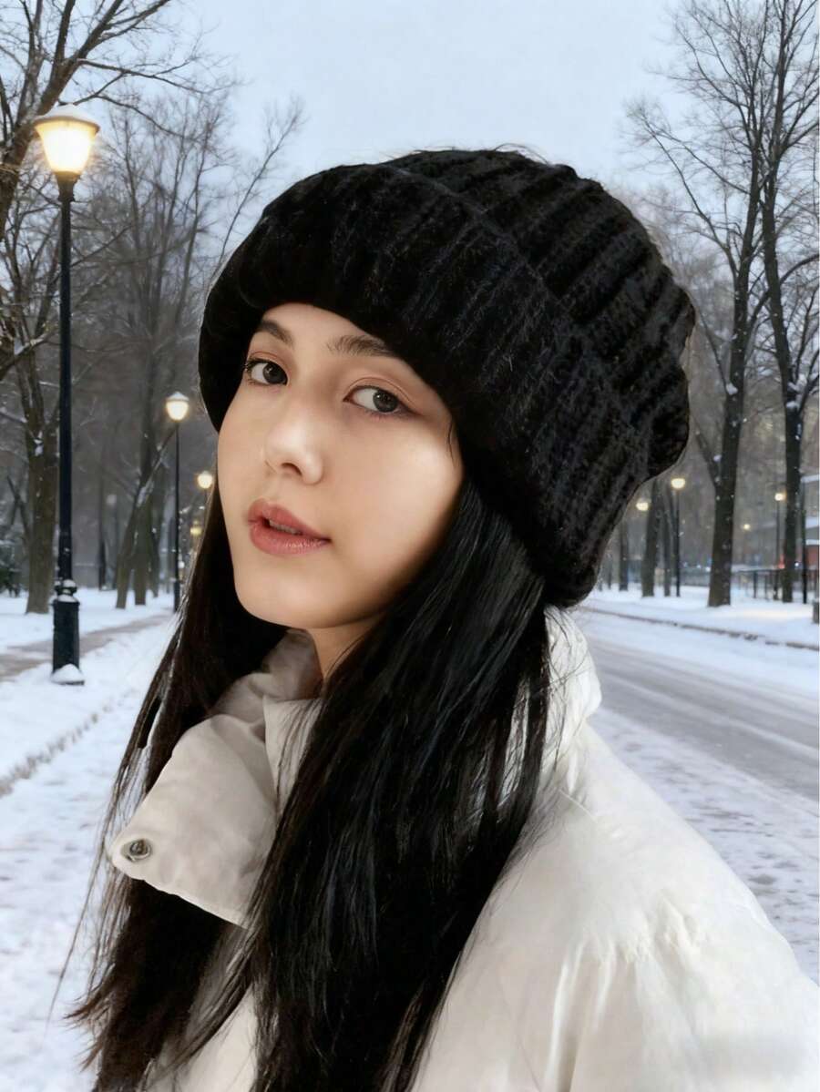 1pc Women's Knitted Beanie Hat, Thick Warm Casual Slouchy Hats, Versatile Solid Color Beanies For Autumn/Winter