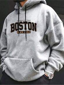 Sudadera con Capucha de Talla Grande para Hombre - Estilo Boston, Ajuste Holgado con Letras Rojas 'Boston' y Logotipo Impreso,  Casual Tipo Pullover Con Cremallera Para Fanáticos De Nueva Inglaterra (), PLUS SIZE - Gris - Ver 1