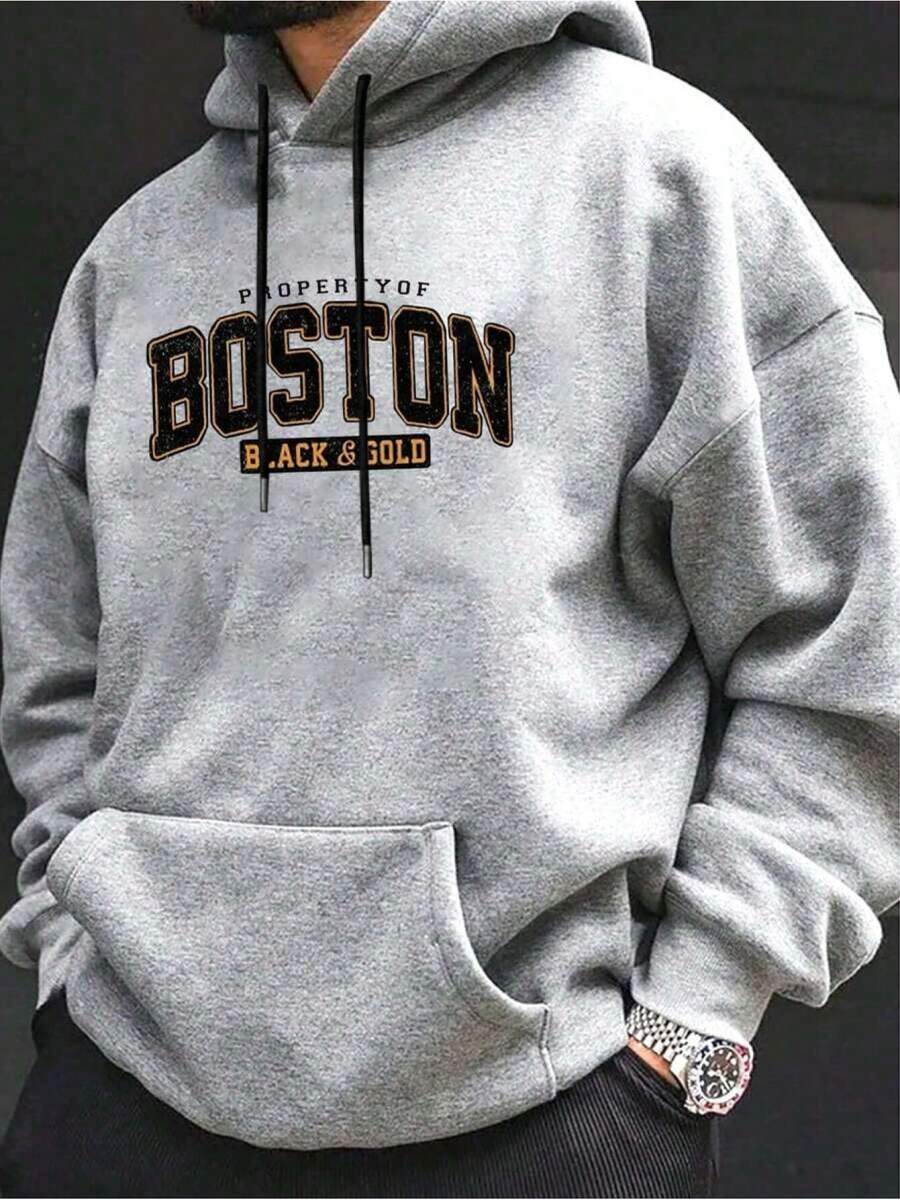 Sudadera con Capucha de Talla Grande para Hombre - Estilo Boston, Ajuste Holgado con Letras Rojas 'Boston' y Logotipo Impreso, Casual Tipo Pullover Con Cremallera Para Fanáticos De Nueva Inglaterra (), PLUS SIZE - Gris - Ver 1