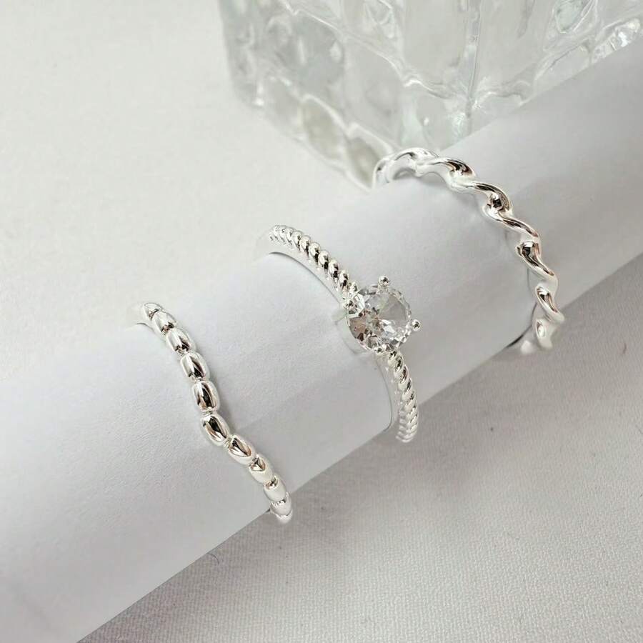 Set Of 3 Women's Twisted Rings With Pave Detail, Sophisticated And Versatile Set - #18 - Ver 1