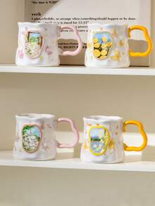 1个蝴蝶花卉图案陶瓷马克杯，咖啡杯，水杯，ins风早餐杯，送给姐妹/闺蜜的独特礼物 - 彩色 - 查看 1