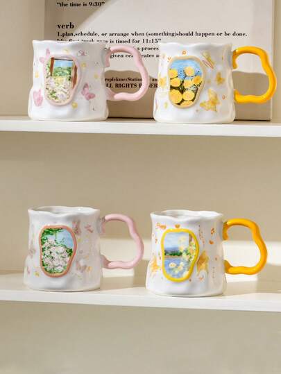 1pc Butterfly & Flower Painting Style Ceramic Mug, Coffee Cup, Water Cup, Ins Style Breakfast Cup, Unique Gift For Sister/Best Friend