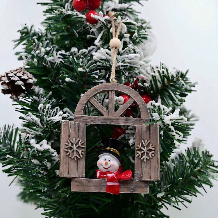 Adorno navideño con forma de ventana, diseño creativo de reno, muñeco de nieve y Papá Noel, para colgar en el árbol. - Blanco - Añade 5