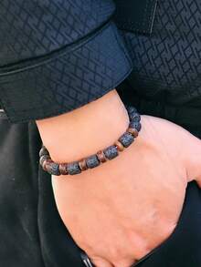 YAUKIA 1件迷人复古男士火山石木珠手链 时尚配饰 减压礼物 送给朋友 - 彩色 - 查看 6