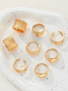 8件套复古时尚优雅小众奢华几何不对称多元素宽版可调节戒指套装，适合度假、派对、约会、送礼、日常搭配，高性价比珠宝促销 - 金黃色 - 查看 4