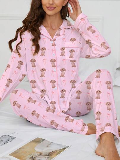 HOREA 2pcs Casual Animal Elegant Puppy Bow Print Women Sleepwear Set, Comfortable Long Sleeve Collar Top And Elastic Waist Pants, Suitable For Holiday Party, Loungewear For All Seasons, Fall & Winter Clothes