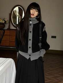 Retro Casual Design Niche Contrast Color Knit Cardigan, Women, Autumn/Winter Black - Black - View 5