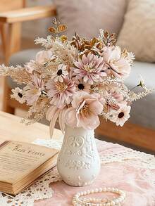 1 Bouquet Of Artificial Flowers, Including Artificial Anemone, Daisy And Eucalyptus Leaves, Realistic Touch, Suitable For Vases, Home, Hotel Rooms, Wedding Decorations, Tabletop Decor. - Apricot - View 3