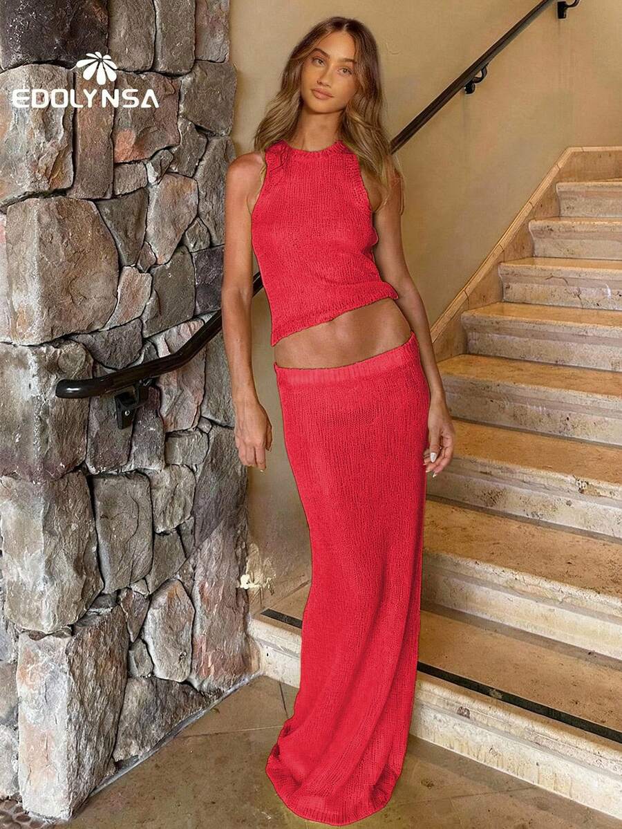 两件套性感镂空针织泳衣罩衫，女士喇叭袖系腰上衣和长裙套装，适合夜店和海滩，夏季