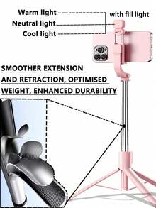 67"/170cm Extendable Aluminum Alloy Selfie Stick Tripod With Fill Light And Bluetooth Remote, Compatible With IOS/Android Smartphones - Ideal For Travel, Vlogging, Live Streaming, Outdoor Photography, Compact And Portable Selfie Stick, Perfect For Vloggers And Travelers - Capture Influencer-Worthy Shots Anytime, Anywhere! Best Selling Product! - Pink - View 5