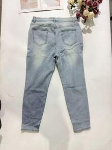 Plus Size Washed Denim Ripped Skinny Jeans With Medium Stretch For Curvy Figures - Blue - View 7