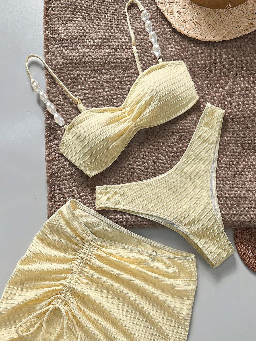 Bikinx 女士三件套度假套装，纯色纹理面料比基尼泳衣，侧边抽绳迷你裙，沙滩夏季装