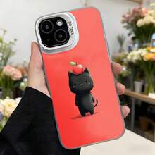 Cubierta de telefono con diseño de gato negro y manzana roja color rojo brillante funda protectora con estampado divertido y elegante ideal para amantes de los gatos y estilo moderno perfecta para uso diario en la ciudad o eventos sociales Aplicable a los teléfonos de la serie Apple y Galaxy - Negro - Ver 3