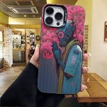 Cubierta de telefono con diseño de robot y flores rosadas azul rosa para mujer elegante uso diario en cafeterias y salones - Blanco - Ver 4
