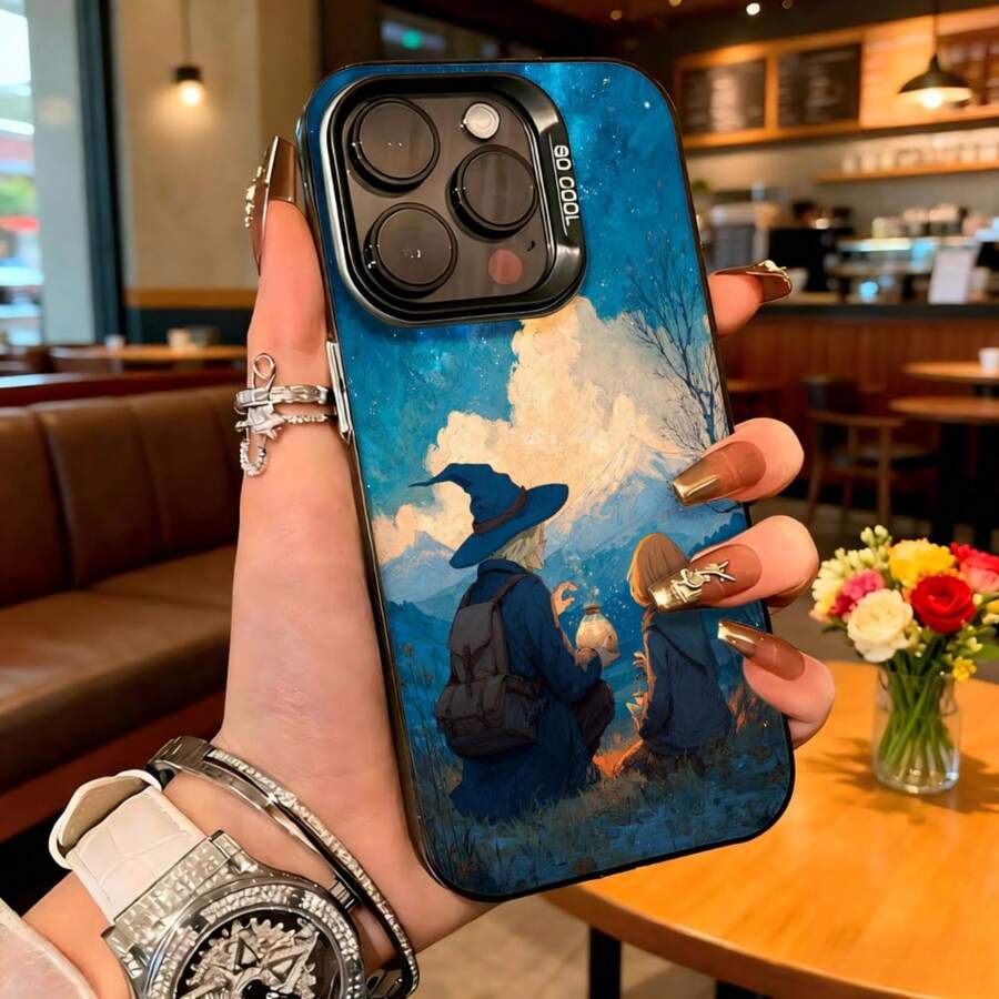 Cubierta de telefono con diseño de bruja y ninos azul oscuro estampado con cielo nublado y paisaje mágico para uso diario en cafeterias y salas de estar - Blanco - Ver 1