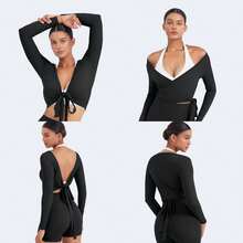 YEOREO Top de Pilates para Mujeres, Manga Larga, Atado, Ballet, Entrenamiento, Yoga, Camiseta Michelie Y2K, Cuello en V, Tops Cortos - Blanco - Ver 11