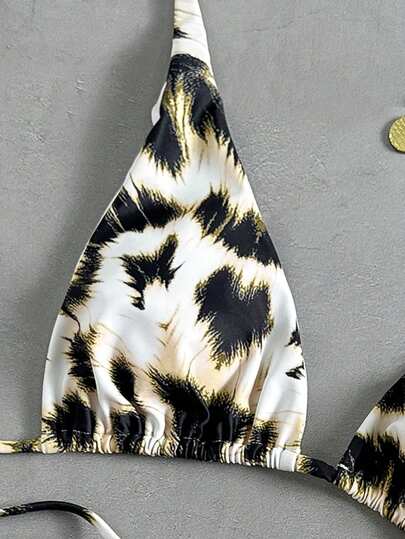 2pcs Colorblock Printed Casual Cute Elegant Sexy Bohemian Drawstring Bikini Swimsuit, Beach Travel, Spring/Summer Vacation