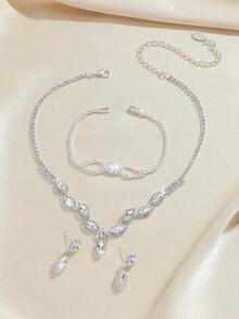 4pcs Luxury Fully Rhinestone Leaf Geometric Necklace Set, Women's Elegant Fashion Silver Jewelry Suitable For Wedding, Party, Banquet, Gift - Silver - View 3