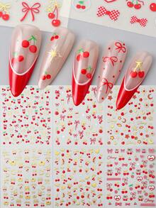 6片红色樱桃蝴蝶结美甲贴纸，情人节金线爱心星星叶子美甲贴花，新年美甲用品，DIY美甲饰品装饰 - 彩色 - 查看 8