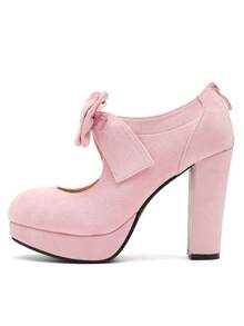 MAIERNISI JESSI Womens Bow Heels Mary Jane Shoes Round Toe Platform Chunky High Heel Vintage Dress Pumps - 粉紅色絨面 - 查看 4