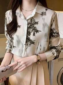 Women's New Arrival Elegant Printed Casual Shirt, Long Sleeve Design, Suitable For Daily Wear And Vacation - White and Green - View 5