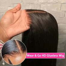 即戴即用无胶假发，真人发，预先拔毛，预先剪裁，5x5直发蕾丝前假发，女士真人发假发，无需胶水，蕾丝前闭合，即戴即用，180%密度，自然黑 - Natural Black - 查看 4