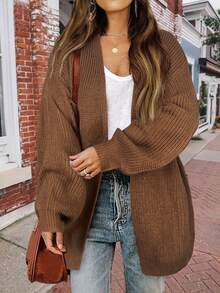 1件女士纯色休闲长袖灯笼袖针织开衫，秋冬季长袖上衣 - 棕色 - 查看 5
