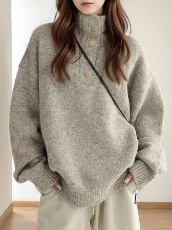 Alicedudu Suéter suelto y holgado con media cartera, estilo retro, adecuado para otoño/invierno