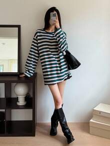 DAZY Áo thun nữ cổ tròn tay dài rộng rãi họa tiết sọc, quần áo mùa thu - màu xanh lá - Xem 6