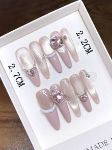 Móng giả thủ công nguyên chất, hình dáng oval dài, vẽ tay họa tiết mắt mèo màu hồng kiểu Pháp, móng tay cá nhân hóa cho mùa thu đông, móng giả chất lượng cao, móng giả phủ kín toàn bộ móng, móng kiểu Y2K, móng dán thủ công. - Nhiều màu - Xem 3