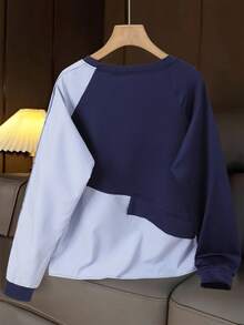 1pc Striped Patchwork Contrast Color Ribbed Button Women Blouse, Daily Wear, Spring/Autumn, White, Black, Blue, Pink, Green, Yellow - Navy Blue - View 2