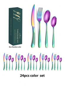 4pcs/24pcs Premium Star-Shaped Diamond Stainless Steel Cutlery Set Includes A Steak Knife,Fork,Spoon,And Dessert Spoon.The Hammered Modern Cutlery Features A Mirror Finish,Is Durable,Luxurious,And Dishwasher ;Ideal For Kitchens,Dining Rooms,Banquets,Parties,Holidays,And Weddings,Available In A Variety Of Colors. - Multicolor - View 8